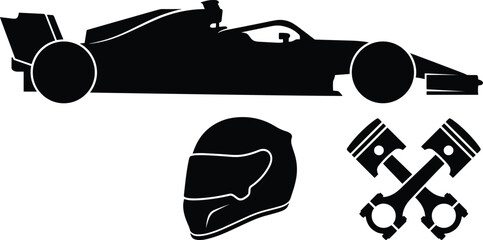 Black silhouette vector icon set featuring formula racing car, driver helmet, and crossed engine pistons © MdShahidur