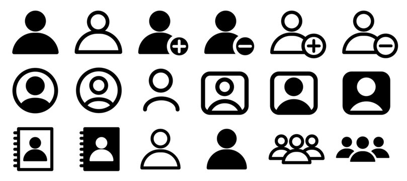 アカウント管理やSNS、連絡先の案内に！人物・ユーザー・グループのアイコン素材セット（新規追加・削除・プロフィール・アドレス帳、WebサイトやアプリUI作成用のミニマルモノクロベクター）