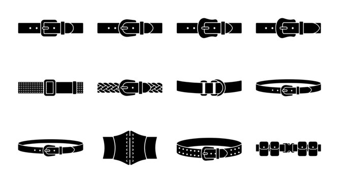 Collection of 12 Black Leather Belt Icons, Vector Graphics for Fashion and Accessories Design, Stylish Buckles and Textures