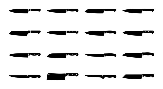 Kitchen Knife Icons Set, Chef Knives Collection, Culinary Tools Vector Graphics, Food Preparation Utensils Silhouettes