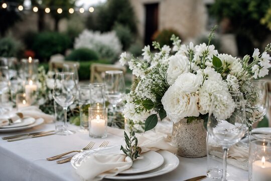 Elegant outdoor dining table with a white floral arrangement in a festive garden setting.