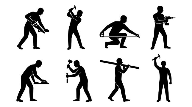 Set of black worker silhouettes performing home repair, construction, measuring, sawing, drilling, professional maintenance tasks, labor icons