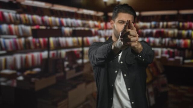 Hispanic man with beard aims hands like pistol, pointing finger at camera among bookshelves in a bookstore building; tension threat.