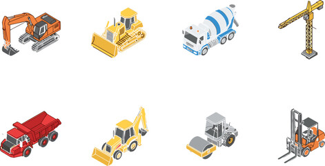 Isometric Construction Vehicles Vector Set with Excavator Bulldozer Concrete Mixer Truck and Crane © MstRupali