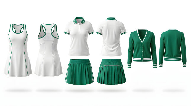 Collection of tennis apparel for women, featuring a dress, polo shirt, skirt, and cardigan in white and green