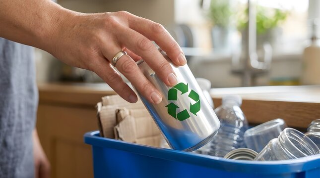 Person recycling plastic bottle in blue bin. Eco-friendly waste sorting for sustainable living at home.