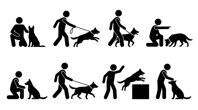 Set of silhouettes showing military working dog training, police k9 handler tasks, obedience drills, command performance, service canine discipline