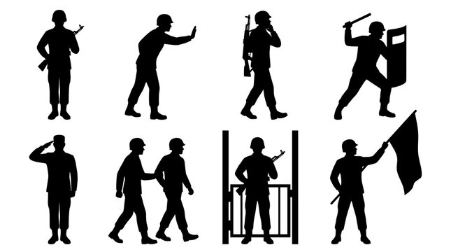 Set of black soldier silhouettes in various combat poses, infantry figures with gear, weapons, flag, shield, patrol, marching, duty, tactical service