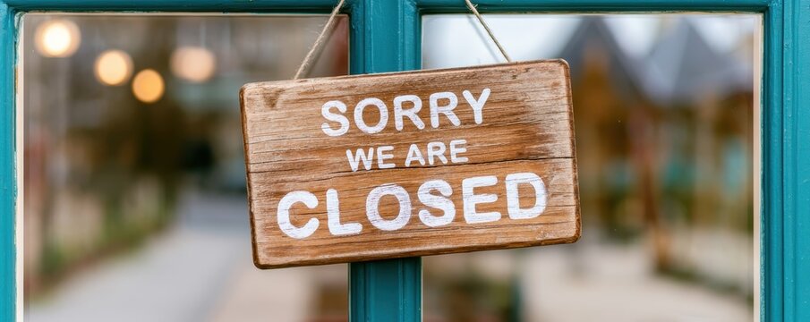 Wooden sign with white text hanging on  teal store door window that reads sorry we are closed