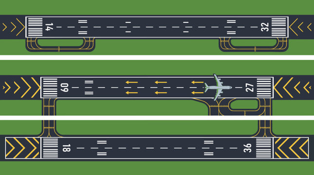 Top view of airport runway layout with markings and airplane, aviation infrastructure diagram for transport planning and simulation