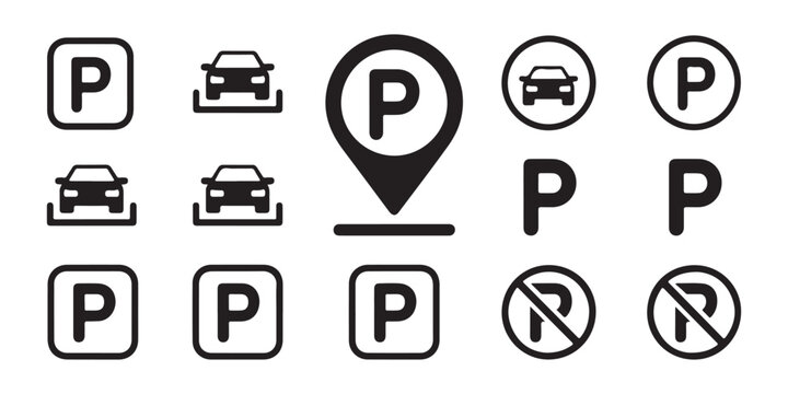Parking signs and symbols collection with P letter car icons and no parking signs.