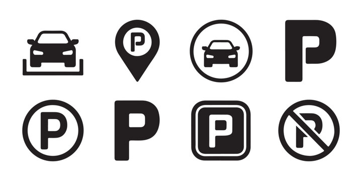 Parking symbols including car icons P letter and no parking signs in circles and squares.