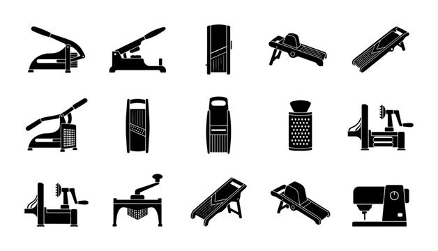 Kitchen Gadgets Vector Set: Mandoline Slicers, Graters, and Food Processors for Culinary Preparation, Cooking, and Food Styling