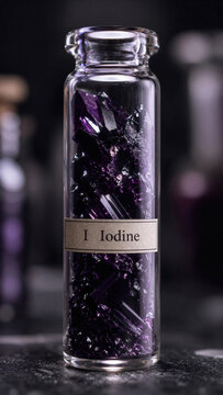 Display of iodine crystals in a glass vial with a label indicating the chemical symbol and name in laboratory setting