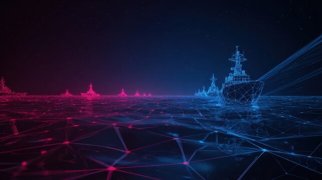 Digital warfare, naval fleet in formation, a powerful abstract concept representing technological advancement and military strategy. ..Created with Generative AI, not depicting real subjects.