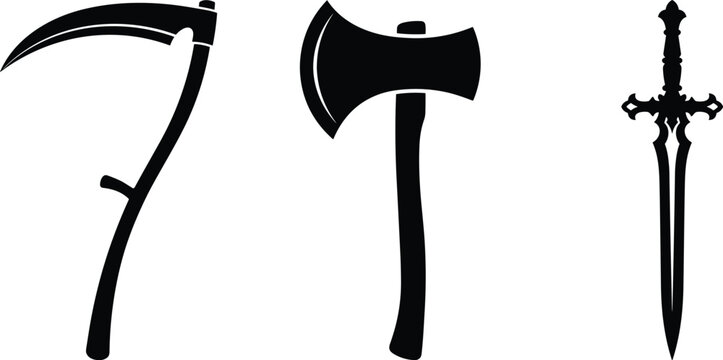 Black silhouette vector set of medieval fantasy weapons including a scythe, battle axe, and sword