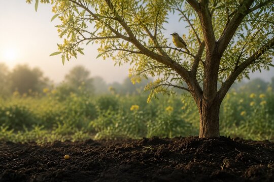 Mustard seed beside a fully grown tree with a bird on a branch in soft morning light.