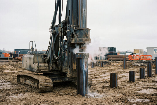 Industrial pile driver machine operating on construction site