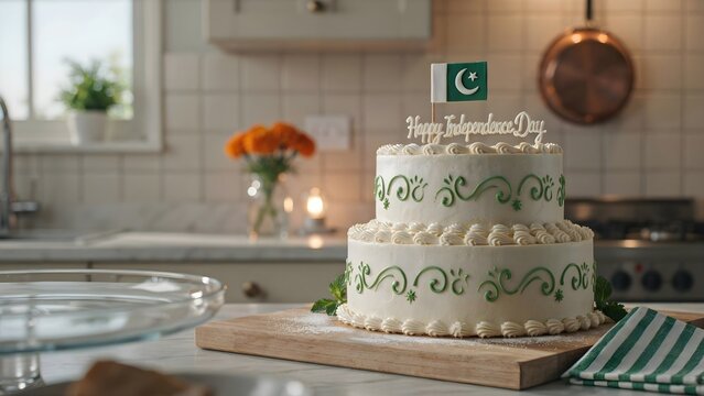 Twotier independence day cake with pakistan flag topper in a cozy kitchen setting