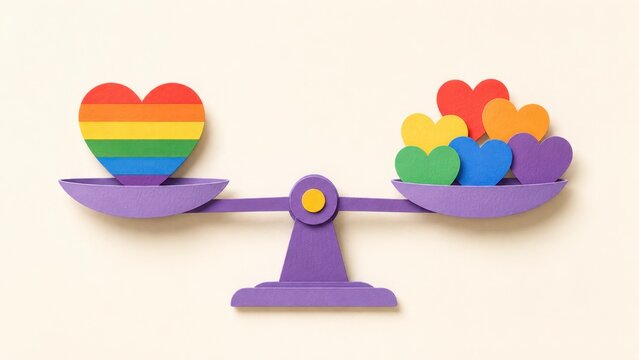 Lgbtq rainbow heart on balance scale with colorful heart on opposite side symbolizing equality, diversity, tolerance, and social balance