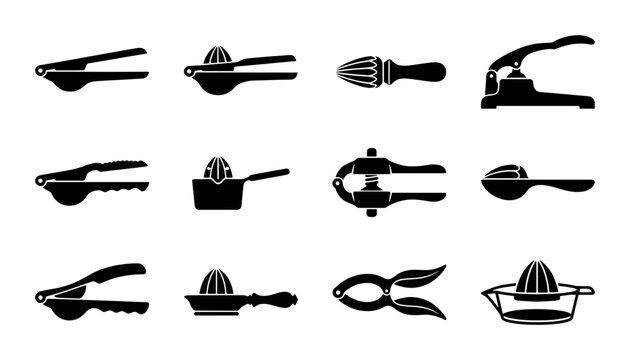 Kitchen Gadgets Collection: Citrus Juicers, Presses, and Extractors, 12 Vector Icons for Food Preparation and Healthy Living