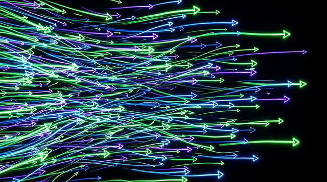 Abstract light trails with neon arrows curved neon arrow trails moving forward against a black background abstract technology direction futuristic movement connectivity illustration