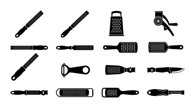 Kitchen Graters and Peelers Set, Food Preparation Tools Collection, Culinary Utensils Vector Icons, Black and White Cooking Gadgets