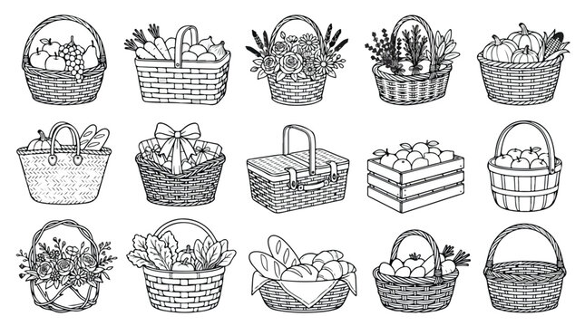 Vintage hand drawn picnic basket collection, 15 black and white wicker hamper vector icons, rustic harvest baskets with fruit and vegetables