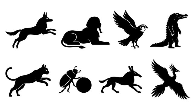 Set of silhouettes of mythical creatures and animals including wolf sphinx bird beetle dog and dragon flat vector elements for design