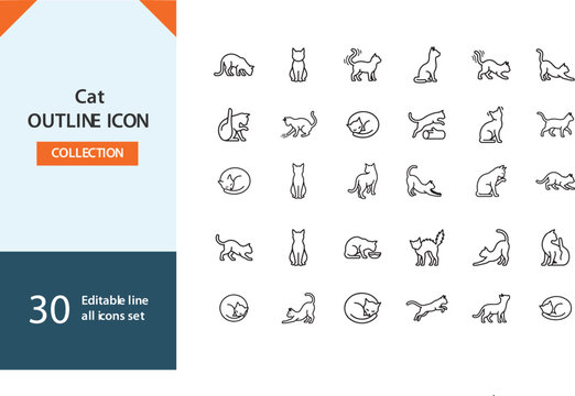 Cat outline icons collection, 30 editable line art