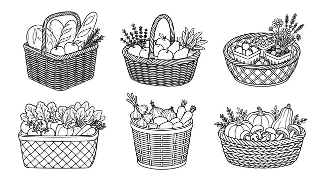 Vintage hand drawn picnic basket set, rustic wicker hamper with fresh farm produce, 6 black and white harvest basket vector illustrations