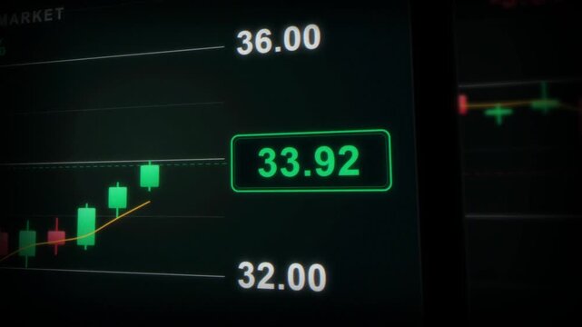Bull market stock trading candlestick chart with live price ticker and percentage change