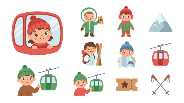 Set of winter vacation icons with children in warm clothing, cable cars, mountain peaks, ski gear, travel tickets, leisure activities, outdoor fun