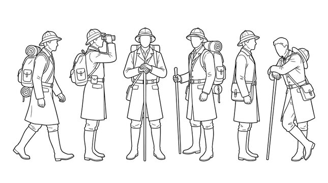 Set of victorian era travelers in line art style, historical explorers with backpacks and gear, vintage style illustration for print design