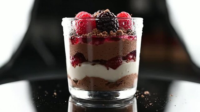 Delicious Layered Chocolate Mousse Dessert with Berries and Whipped Cream in Elegant Glass Cup