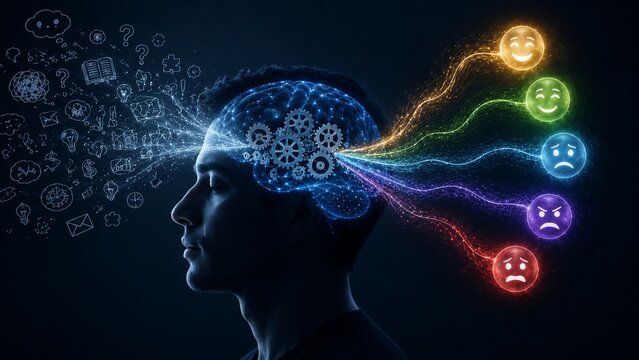 Emotional Intelligence Concept: Profile of a Man Processing Complex Thoughts into Feelings and Mental Wellness