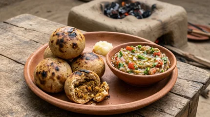 Authentic Bihari Litti Chokha served on a rustic wooden table with a clay oven background © Rajesh