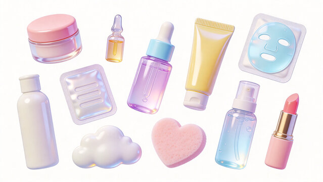 Cute 3D render collection of makeup and cosmetic stickers in pastel colors