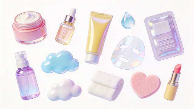 Cute 3D render collection of makeup and cosmetic stickers in pastel colors