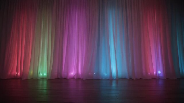 Wide room shot with colored LED lights reflecting on moving curtains