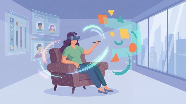 Woman taking digital art class using VR headset in modern workspace for creative learning