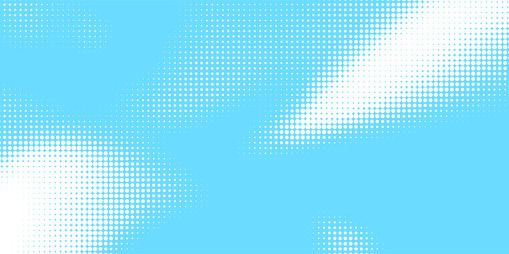 Bright blue sky halftone background. Fading retro comic gradient pattern. Pixelated dotted cloud texture overlay