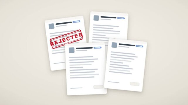 Documents stamped rejected animation with red rejection stamp on paper application forms