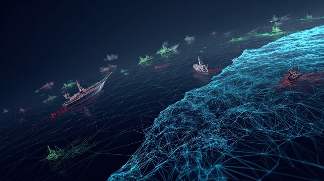 Naval fleet in a digitally rendered ocean, illustrating a network of maritime surveillance and strategy in a dark, abstract environment. ..Created with Generative AI, not depicting real subjects.