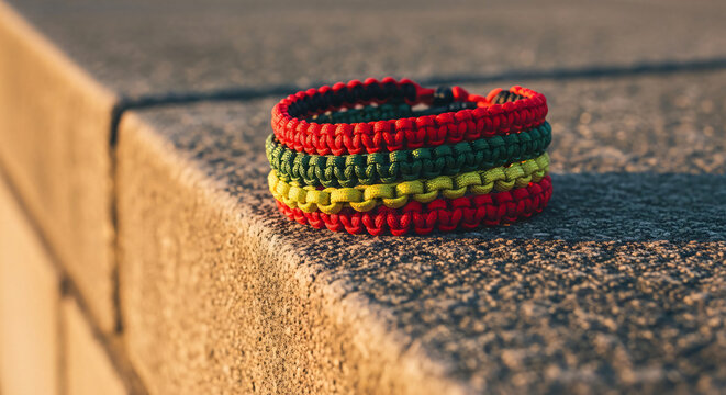 Braided paracord bracelets in Rastafarian colors on stone ledge