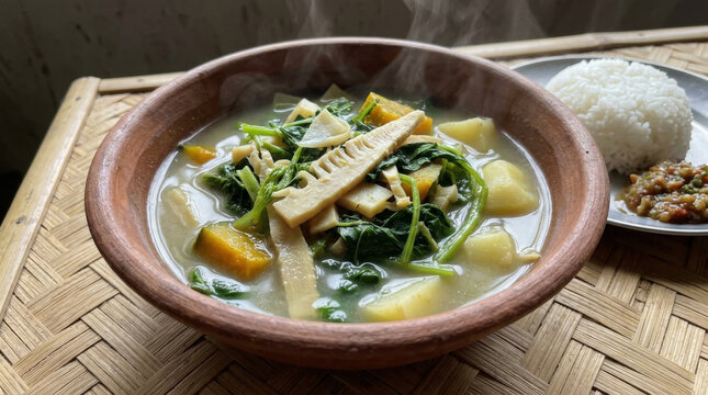 Steaming bowl of Mizo Bai with rice and chutney, a traditional Mizo dish