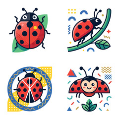 Naklejka premium Decorative ladybug and garden insect icons with geometric details