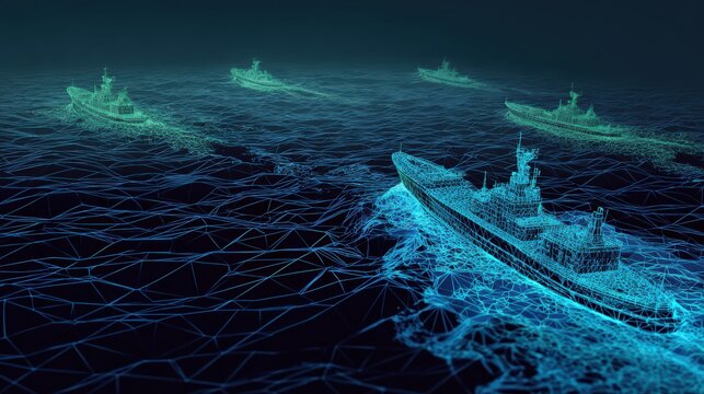 A fleet of advanced warships, rendered as glowing digital wireframes, navigate through a turbulent ocean. ..Created with Generative AI, not depicting real subjects.