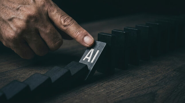 AI governance concept with hand pushing domino piece labeled AI to start chain reaction on wooden table