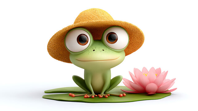 Adorable cartoon frog wearing a hat and smiling widely while sitting on a lily pad, isolated on white for pond-themed children's graphics.